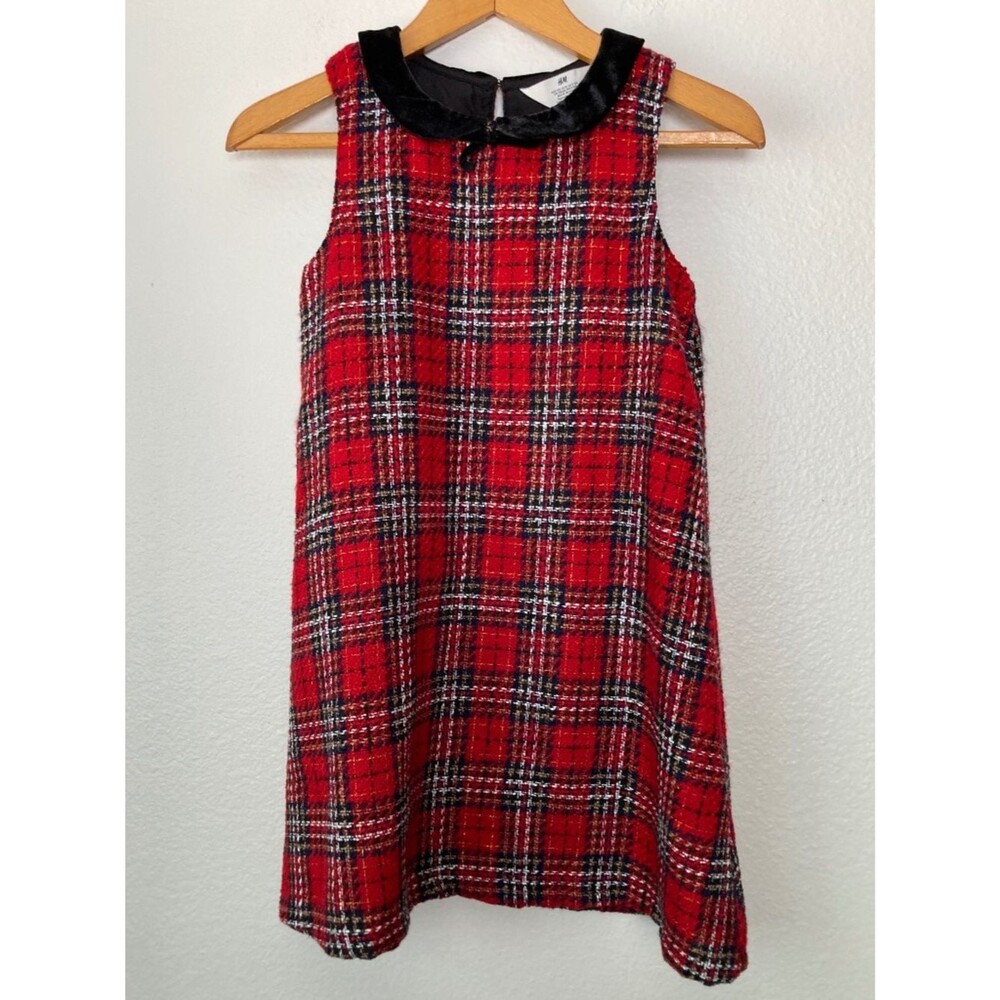 H&M Girls Red Plaid Holiday Dress Size 10 Velvet Collar Christmas